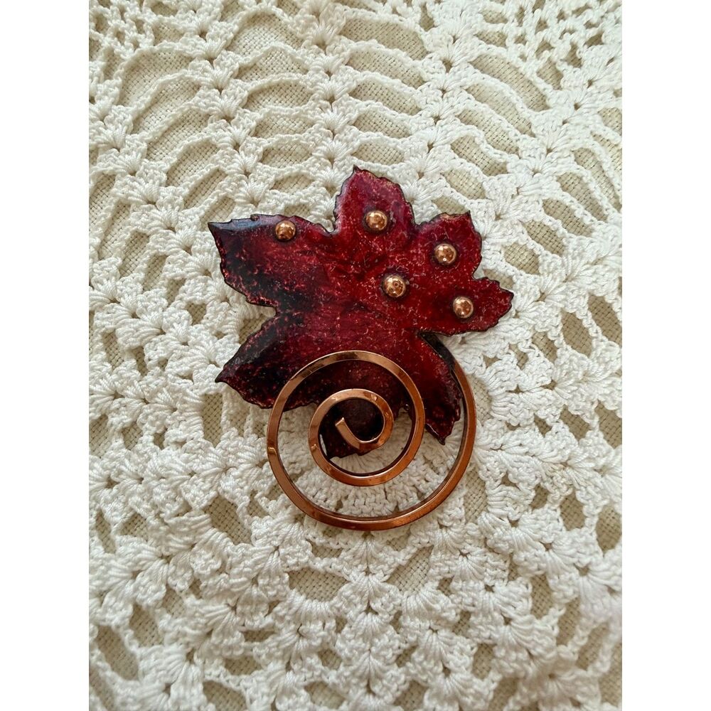 Vintage Matisse Renoir Red & Black Enamel Copper Maple Leaf Brooch